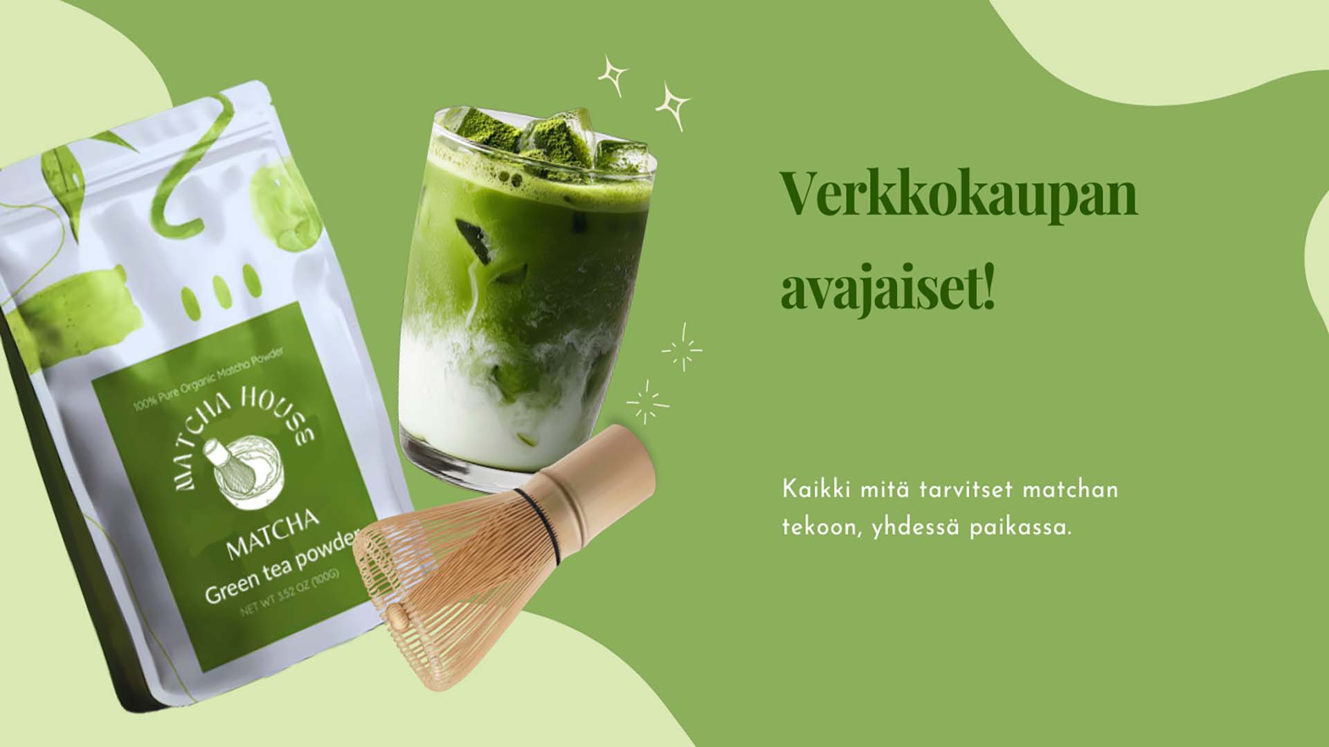 A matcha drink, whisk with a matcha powder on a green background. Verkkokaupan avajaiset! Kaikki mitä tarvitset matchan tekoon yhdessä paikassa. Tutustu valikoimaan vaihtoehto!